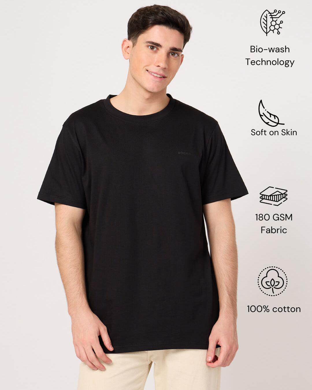 Man wearing a black round neck cotton t-shirt