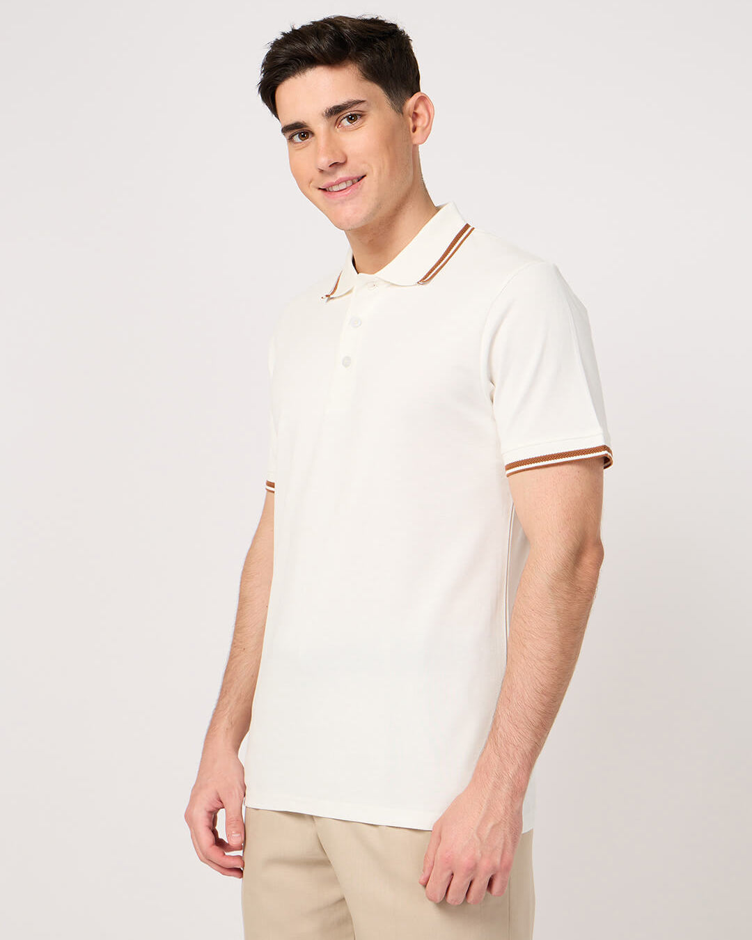 man in white polo t-shirt with jacquard collar