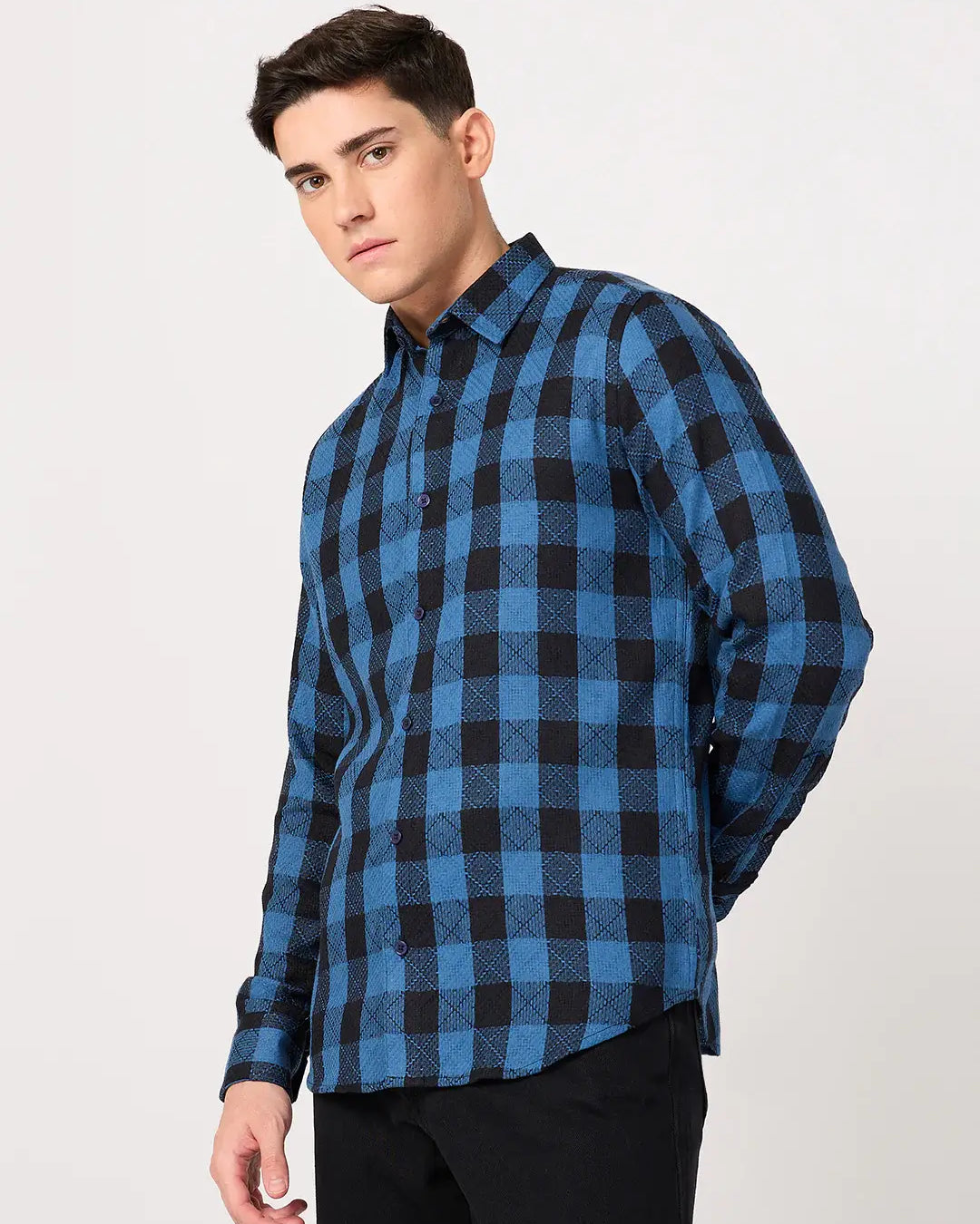 full sleeve textured cotton blue check shirt for men
