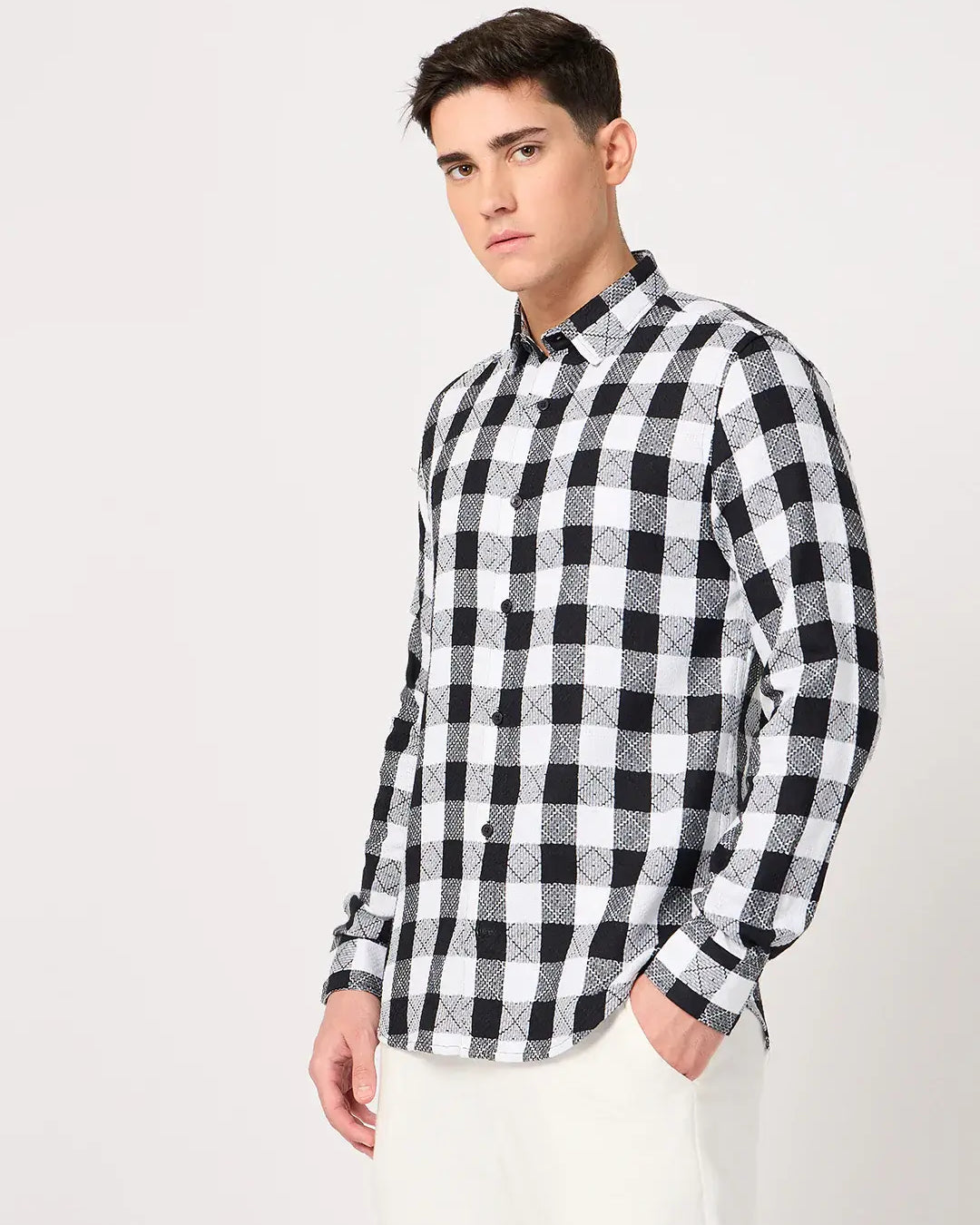 textured black and white check shirt