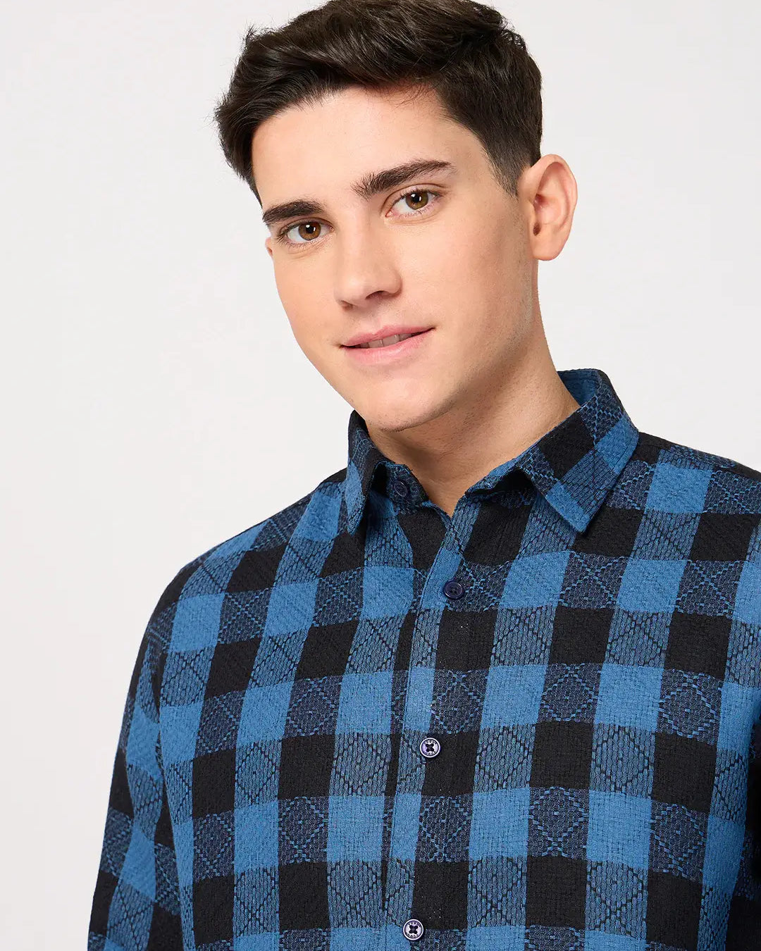 men's textured cotton blue check shirt