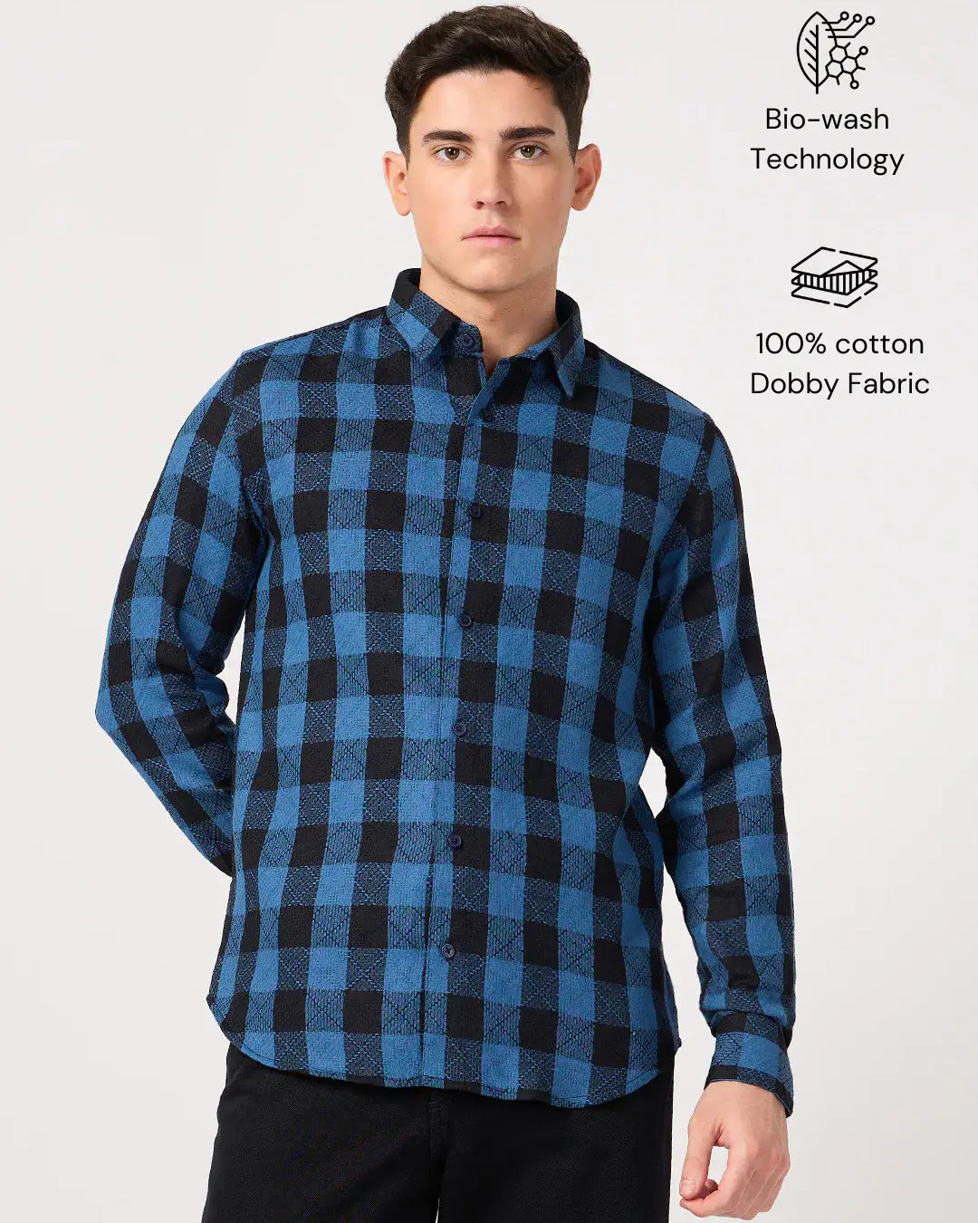 textured cotton blue check shirt for men