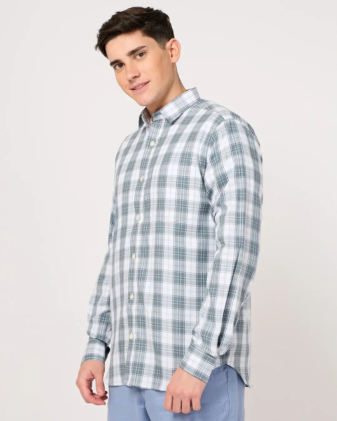 white and grey cotton plaid shirt for men