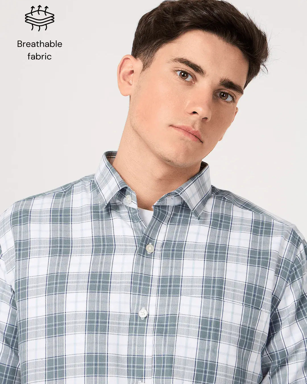 white and grey check shirt for men