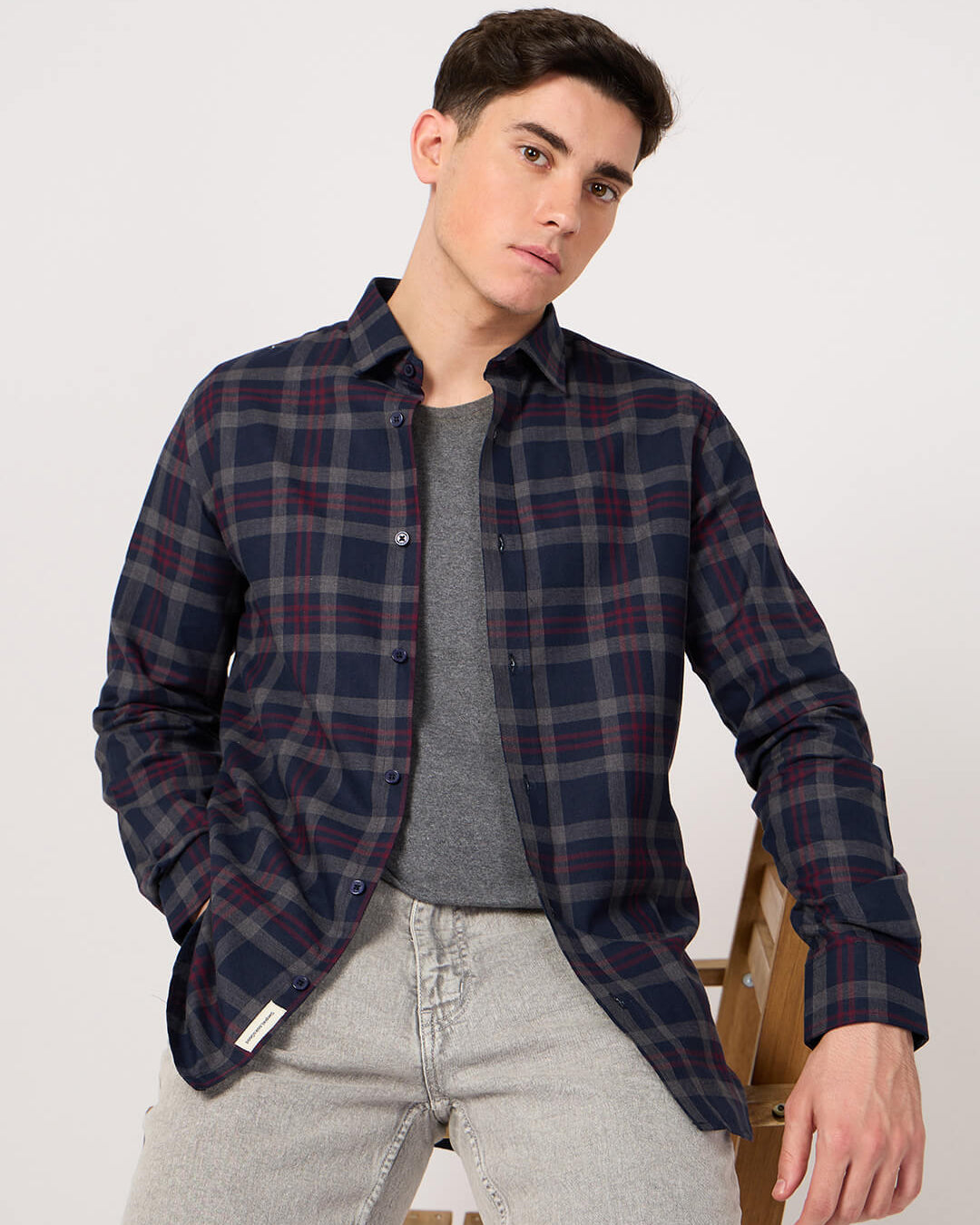 navy blue maroon check shirt