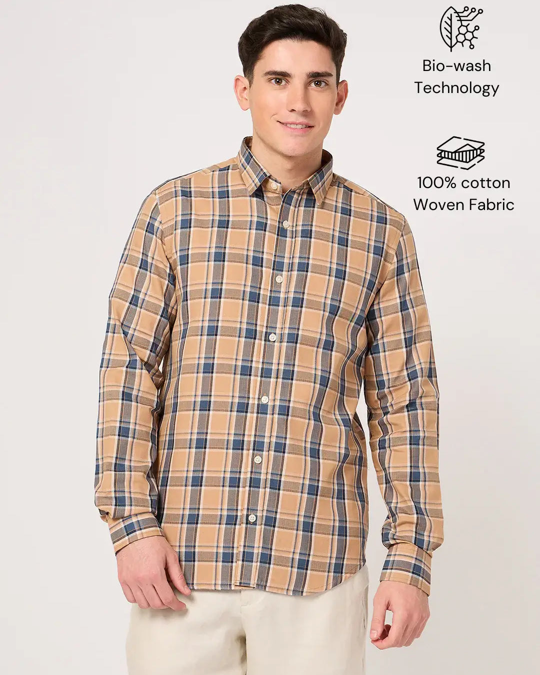 cotton orange check shirt for men