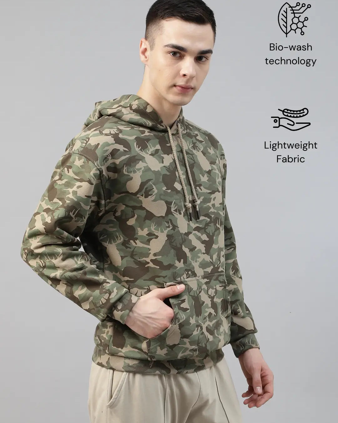 Person wearing a camouflage army hoodie with bio-wash technology
