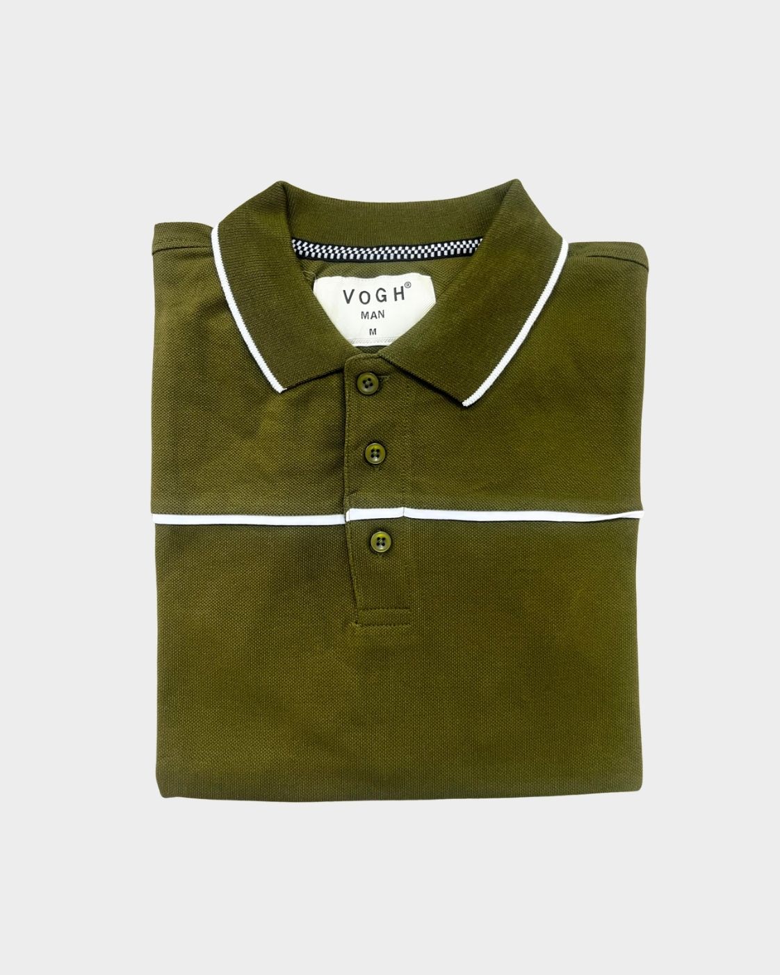 A folded olive green polo t-sthirt with white strip