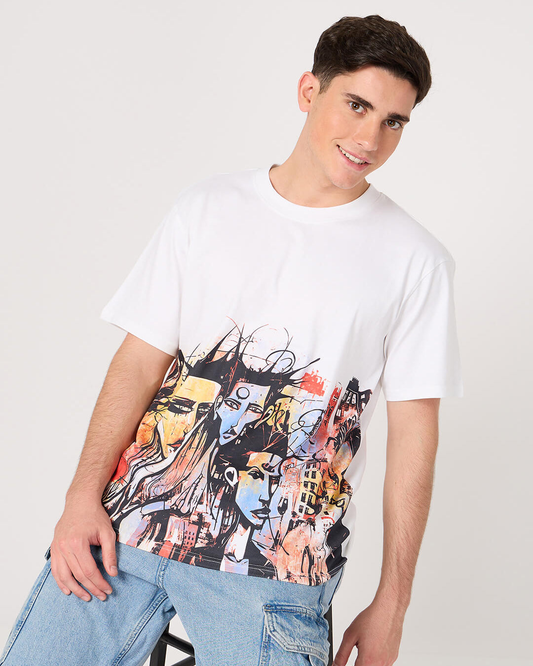 men wearing a stylish white round neck printed t shirt