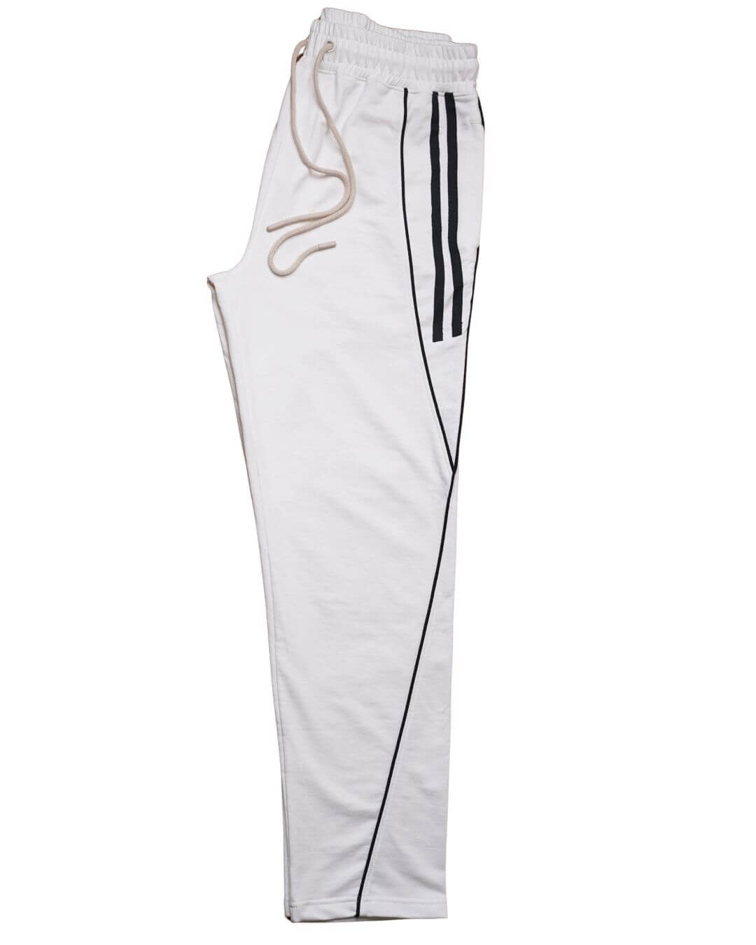 White track pants with black stripes