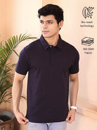 Man wearing a navy blue polo t shirt