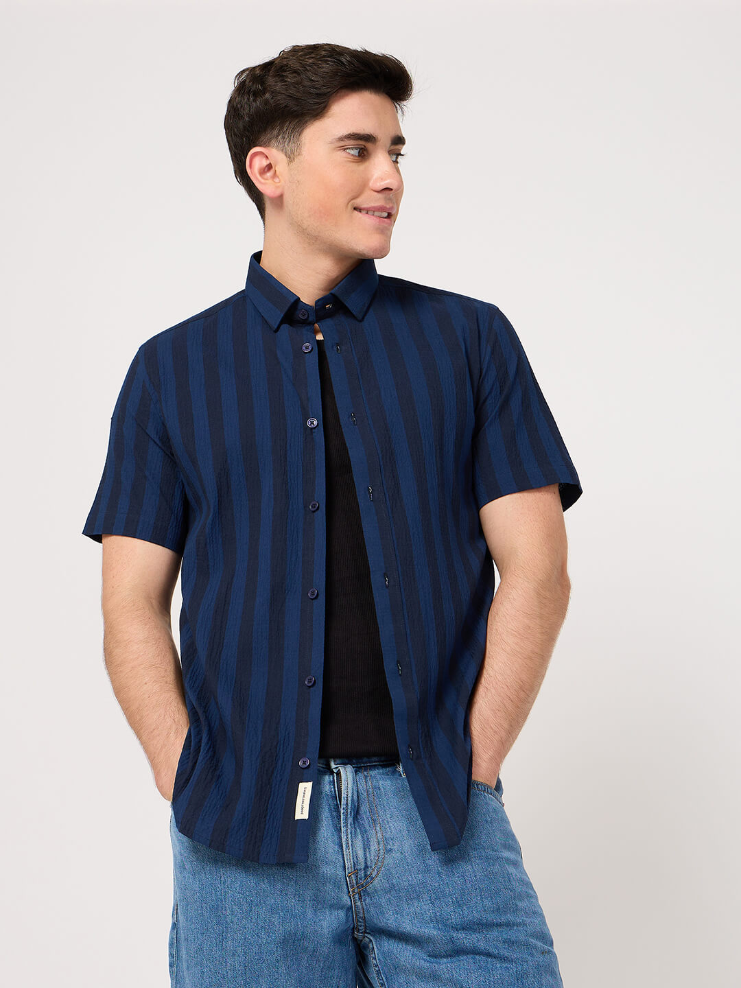 blue black stripe half sleeve shirt