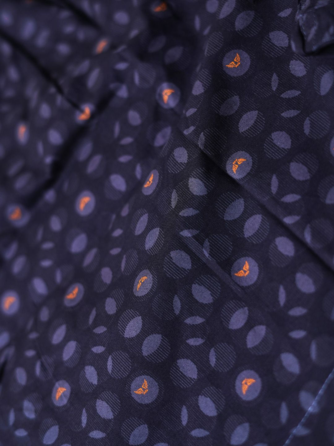dark blue fabric with small patterns