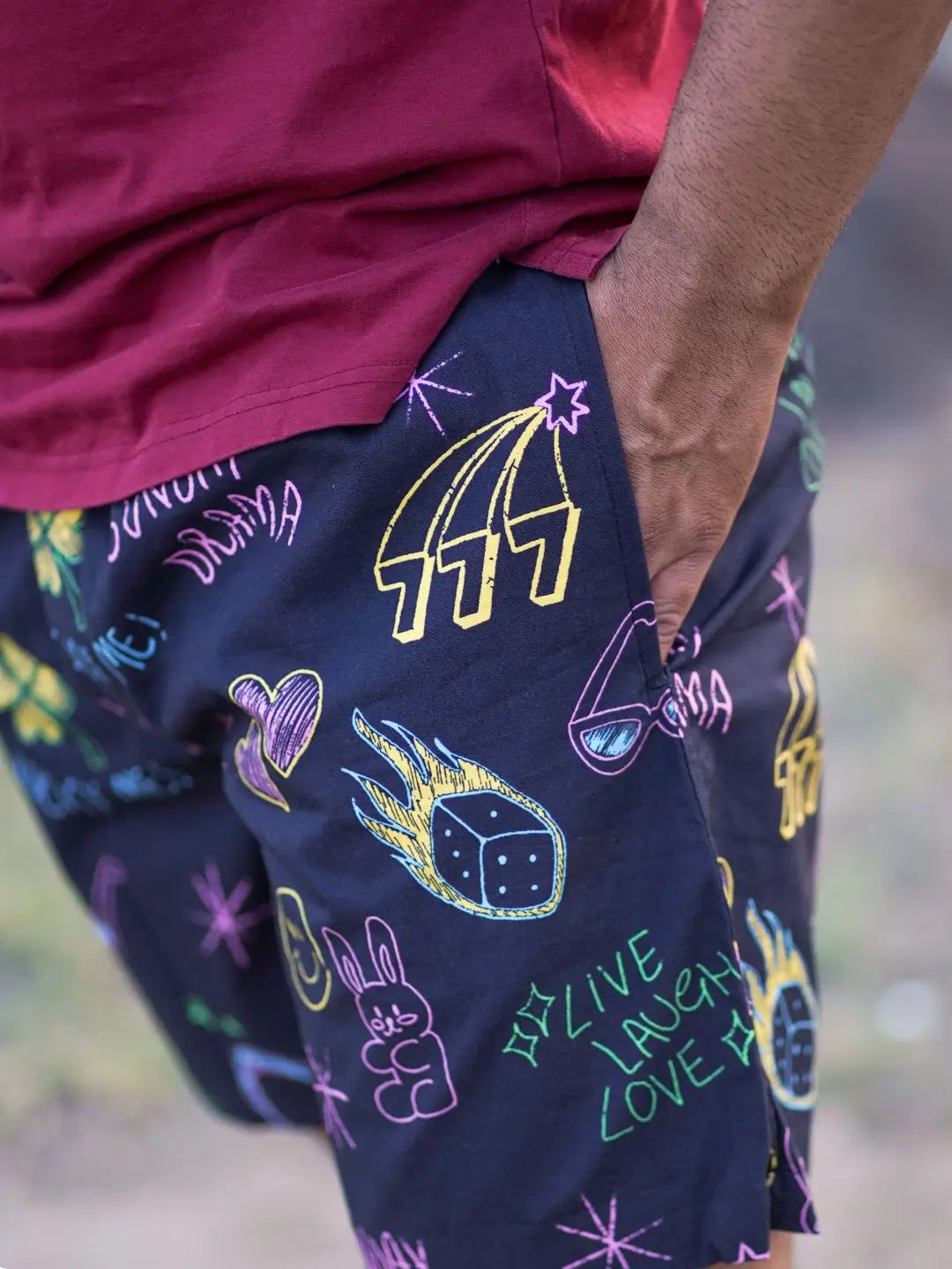 Navy boxer shorts with colorful graphics print