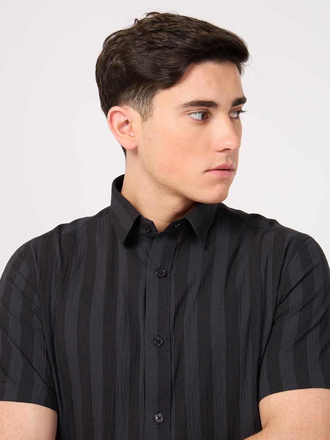 men's grey striped half sleeve shirt