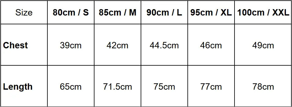 men inner vest size chart