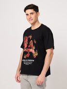 men wearing a black LA printed t-shirt