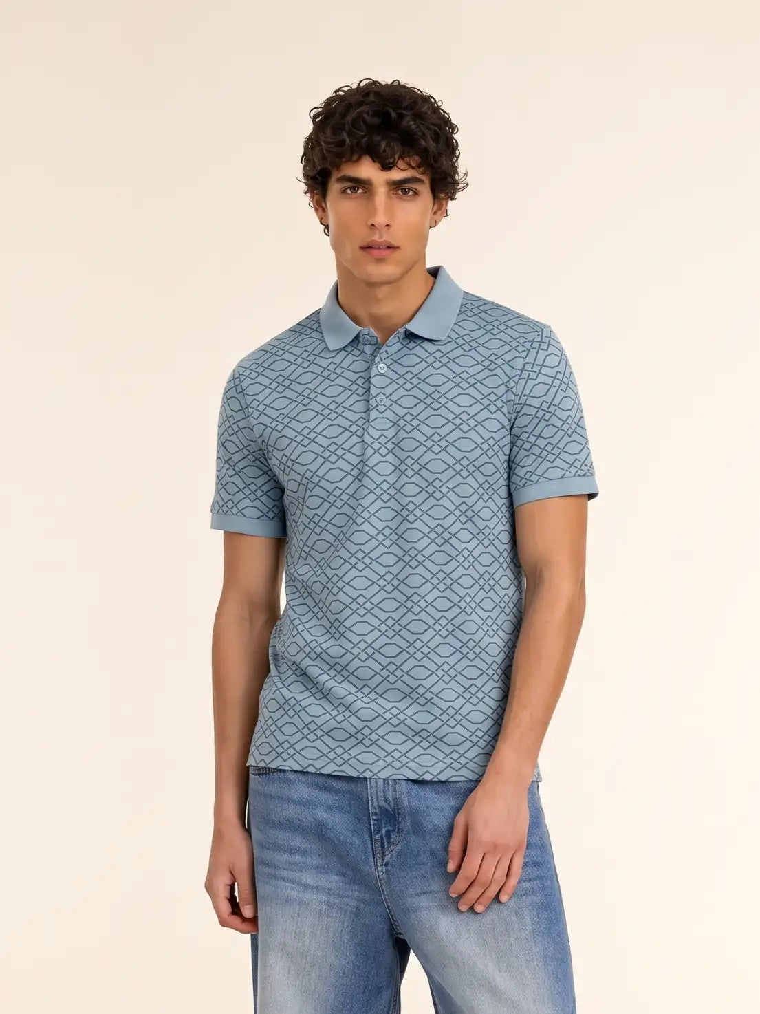 blue geometric pattern polo t-shirt for men
