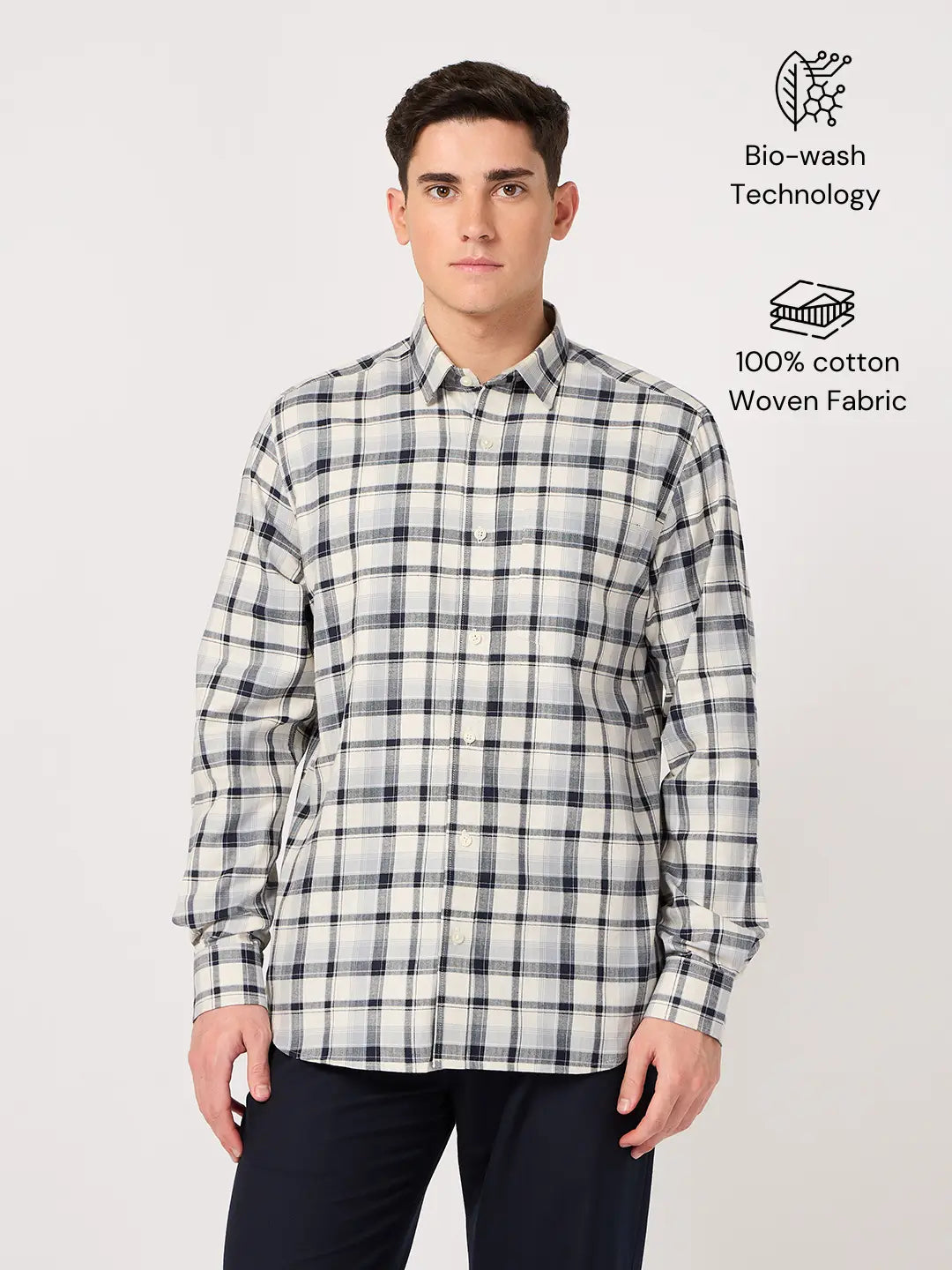 cotton black white check shirt for men