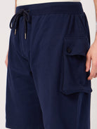 Navy blue cargo shorts with a drawstring