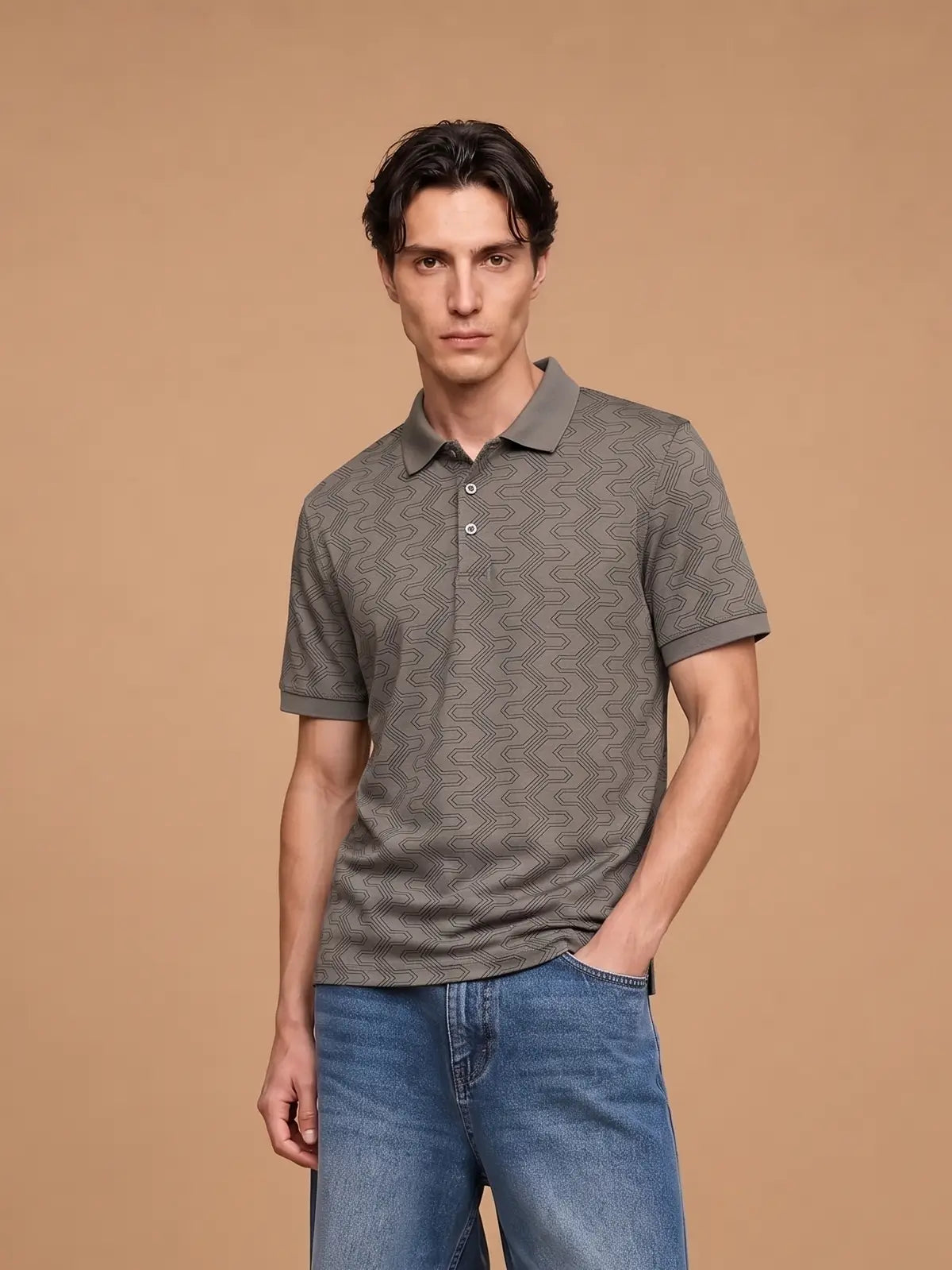man wearing a geometric printed polo t-shirt