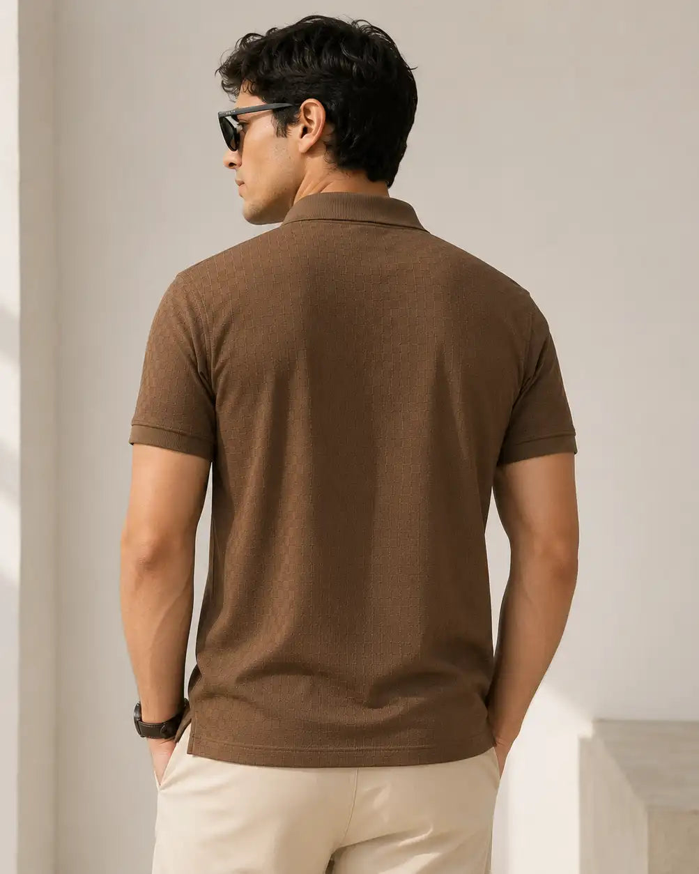 A man wearing a brown short-sleeve polo shirt and beige trousers