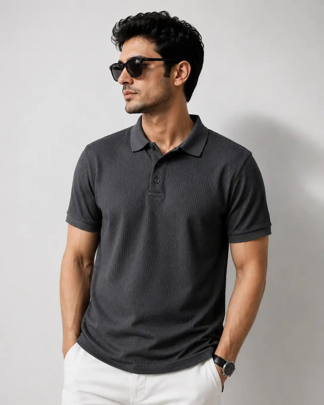 charcoal gray textured short-sleeve polo tshirt
