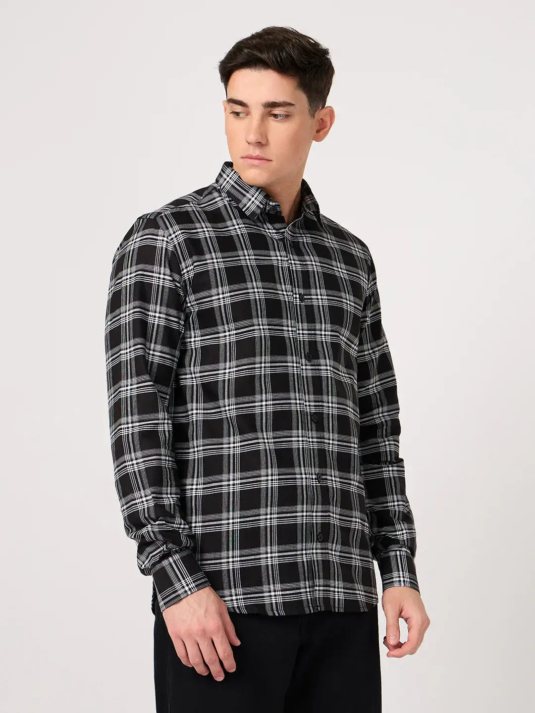 full sleeve cotton black check shirt for men