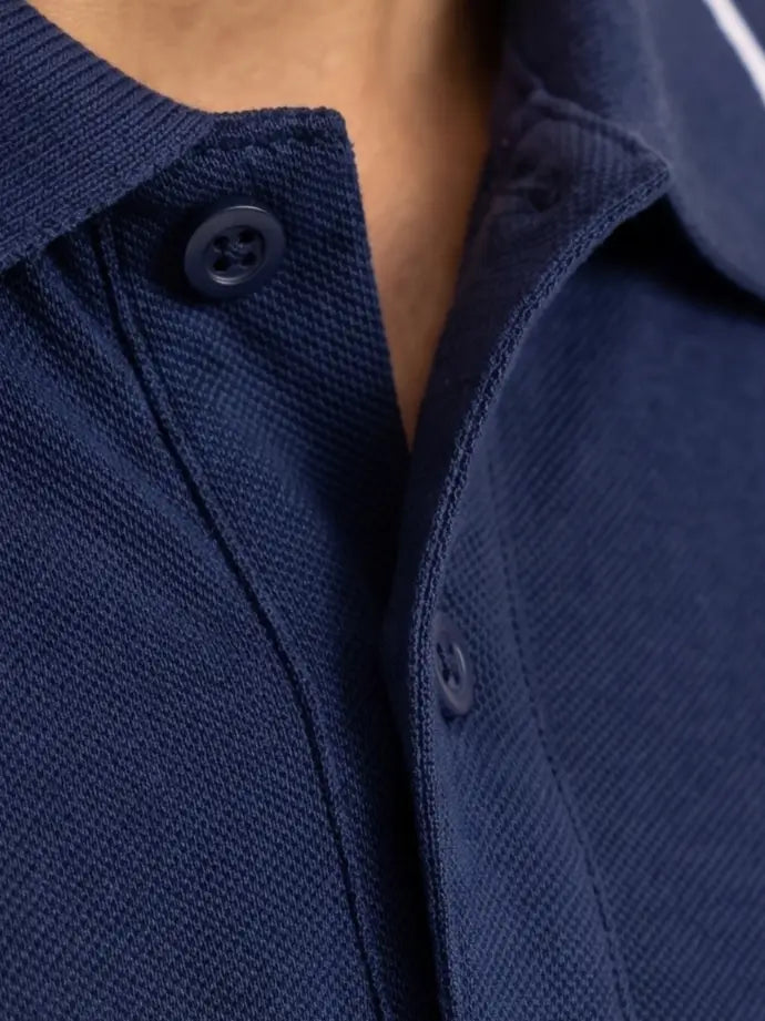 navy blue textured polo shirt collar with a button