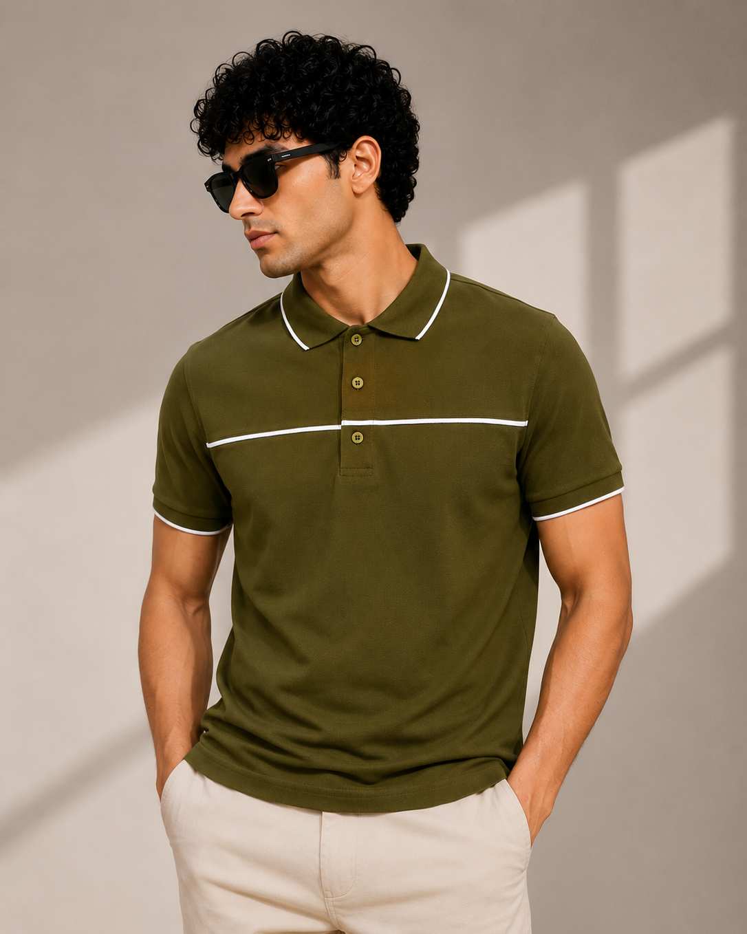A man wearing an olive green polo shirt