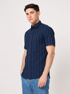 blue striped cotton half sleeve shirt for men