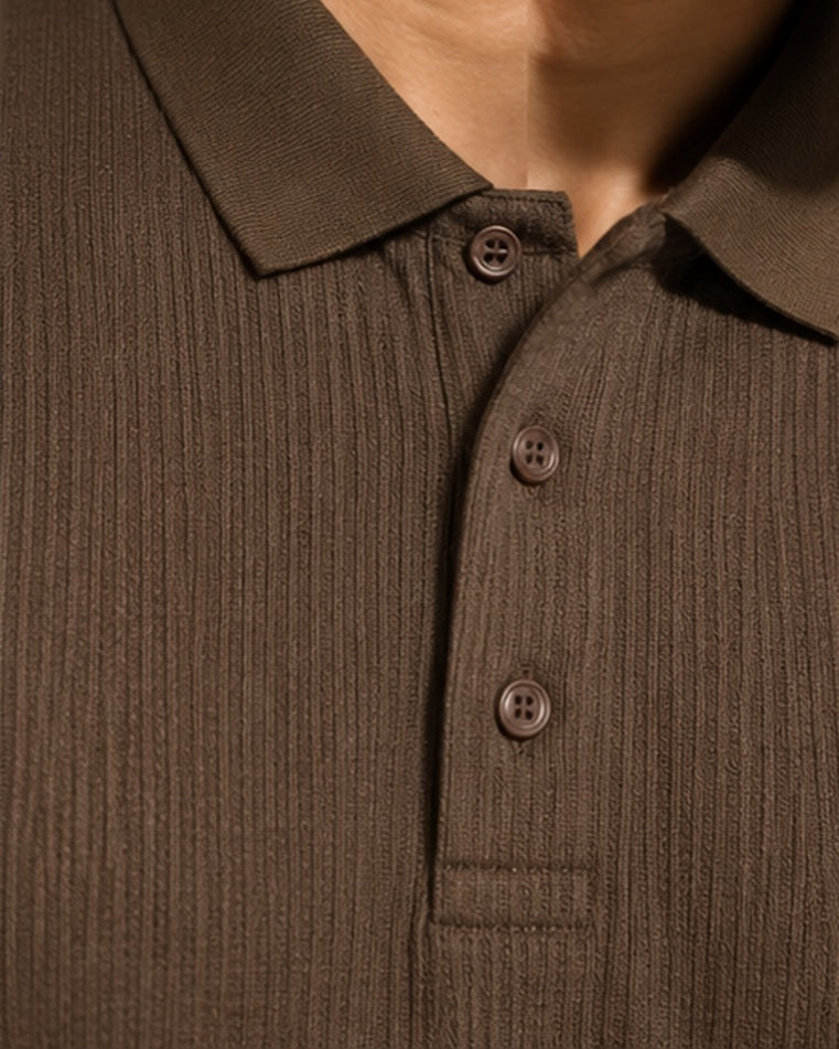 Close-up of a ribbed knit polo shirt