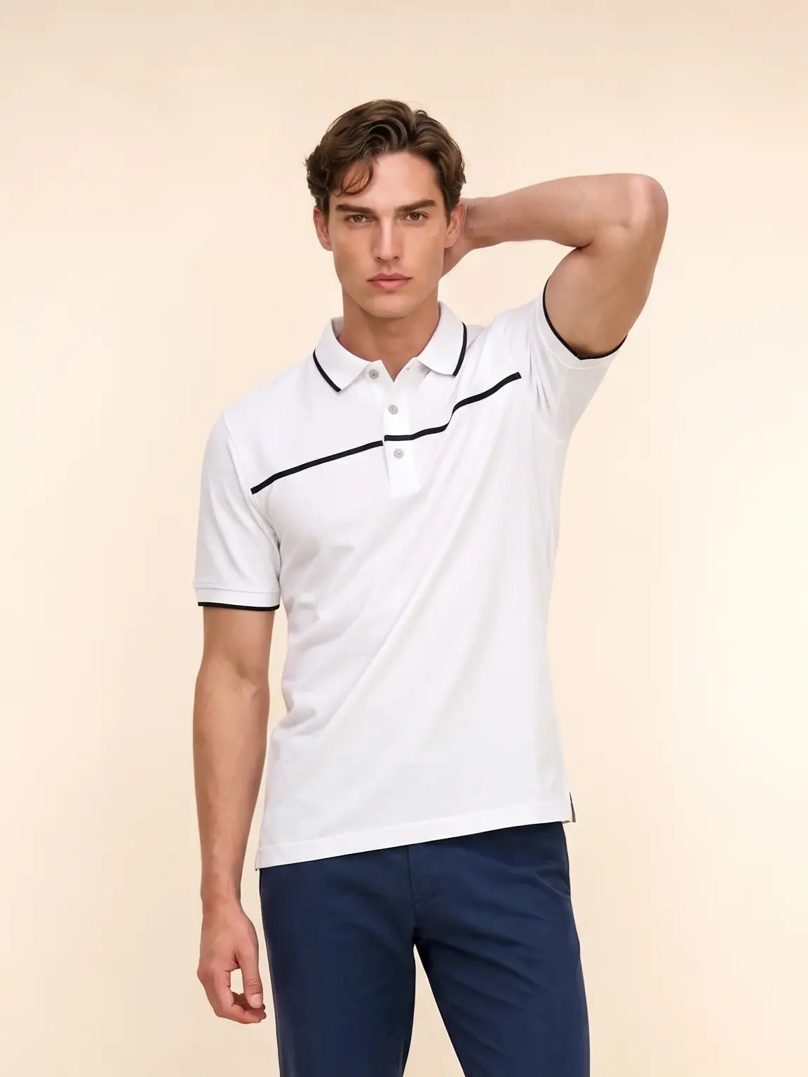 man in white polo t-shirt with black strip