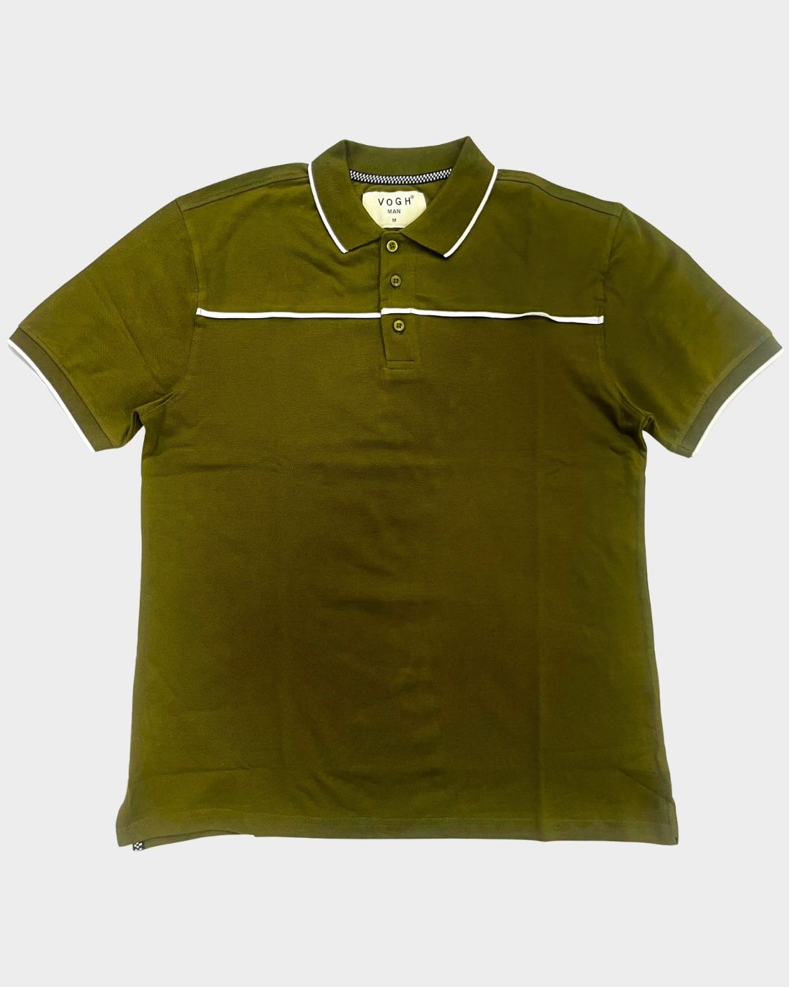 An olive green polo t-shirt with white contrast piping