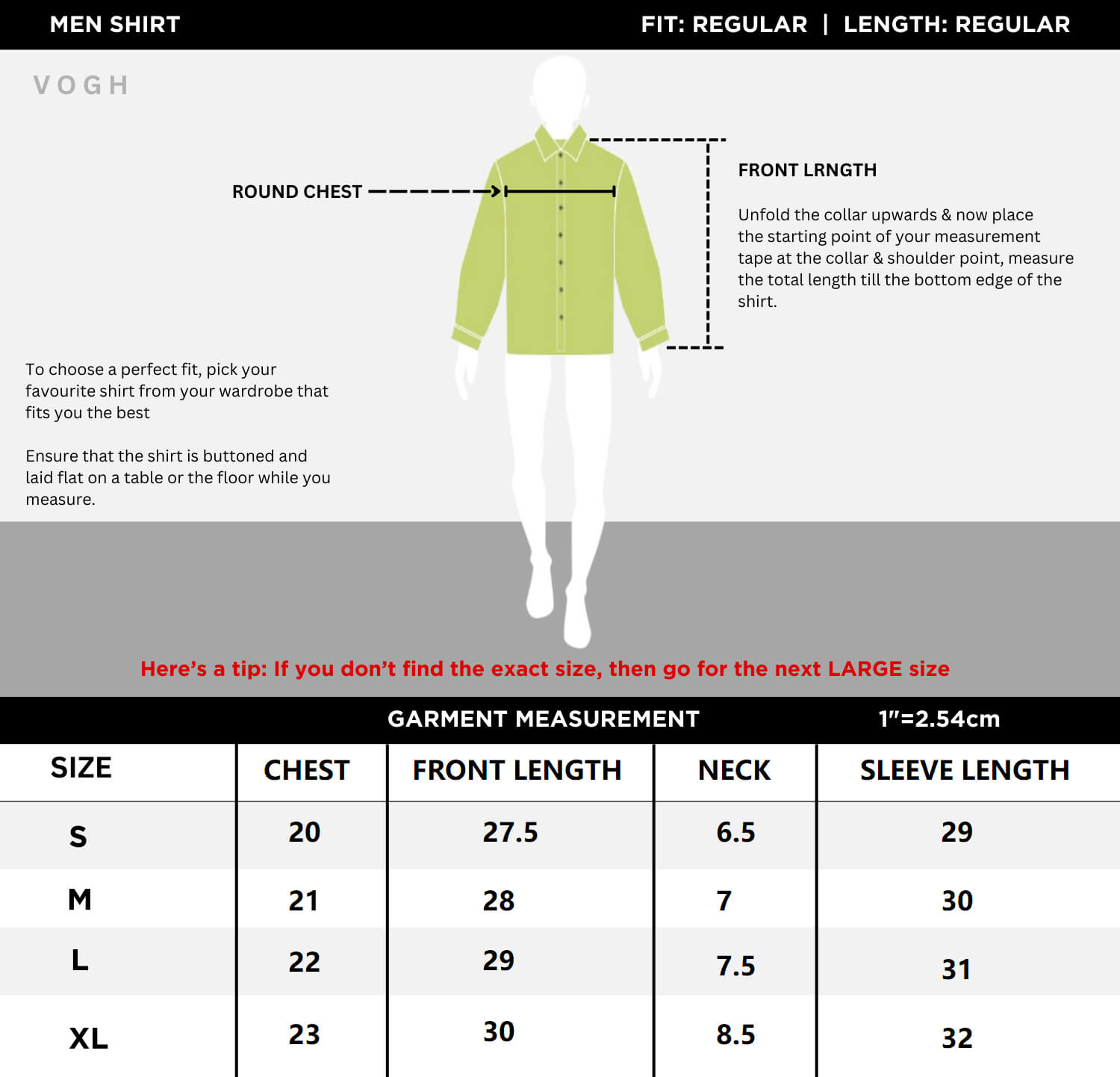 size chart for vogh's plain performance shirt