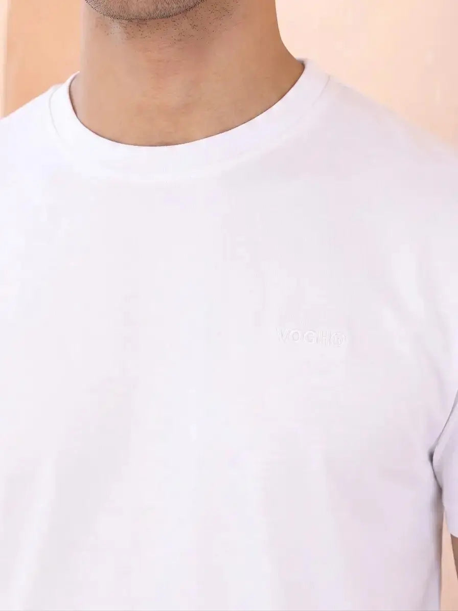 A close-up of a plain white crew-neck t-shirt