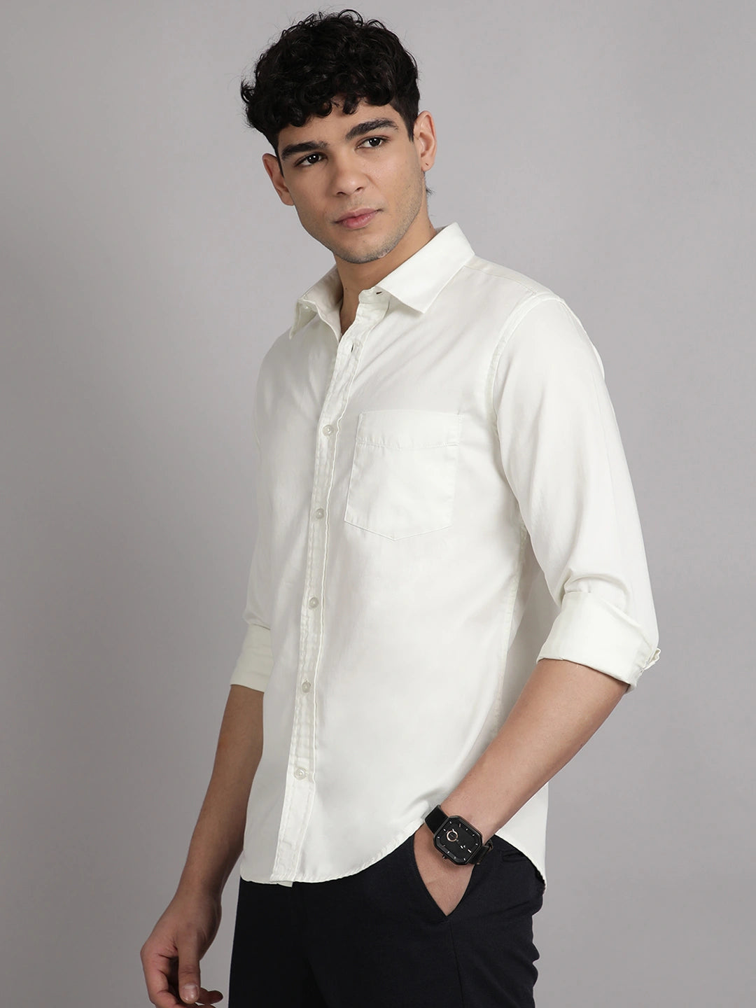 Man wearing a white cotton satin shirt
