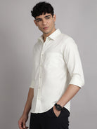 Man wearing a white cotton satin shirt
