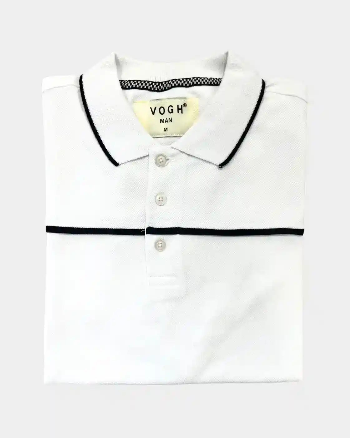 A folded white polo shirt with black trim