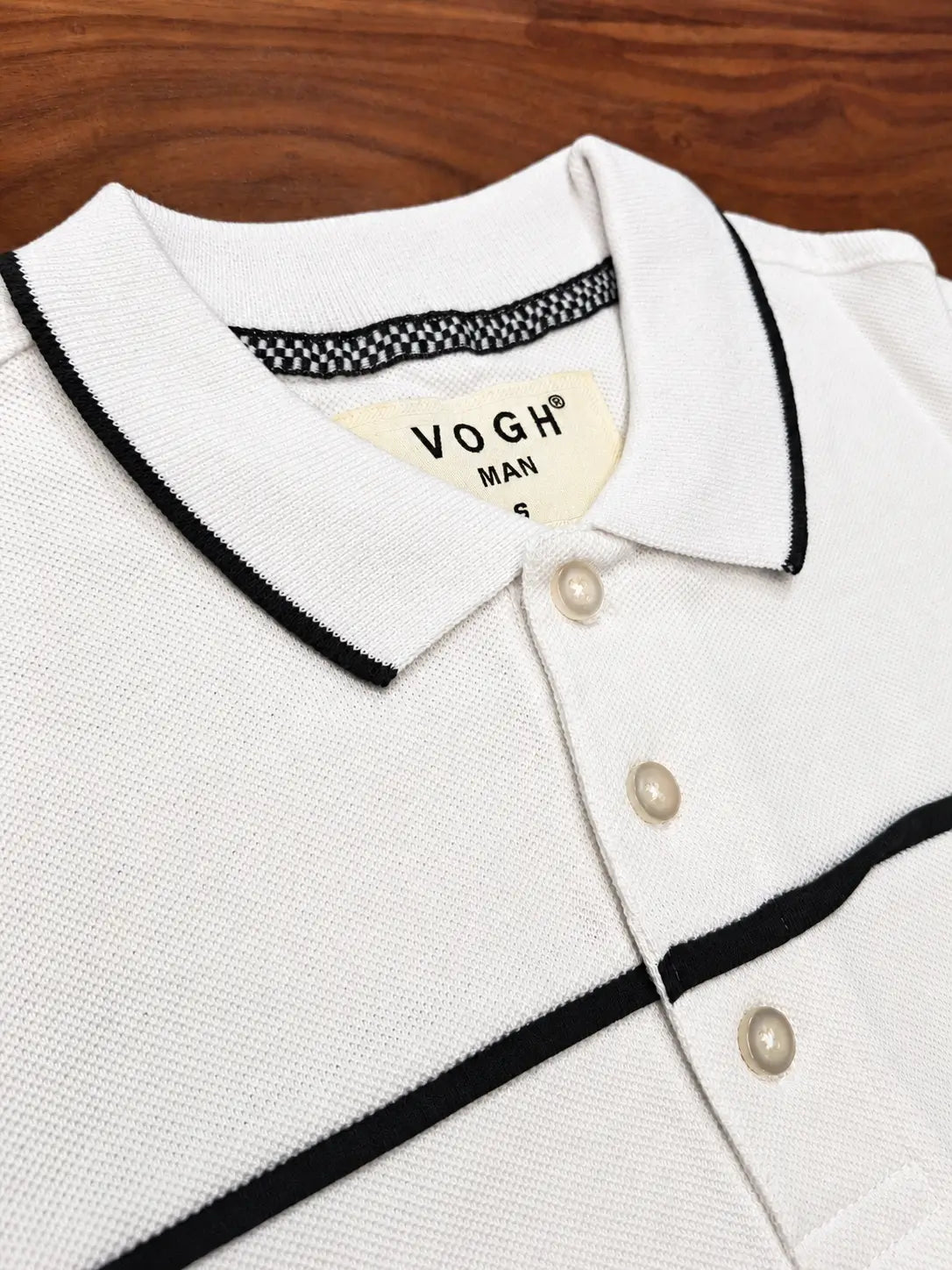 vogh men's white cotton polo t-shirt closeup