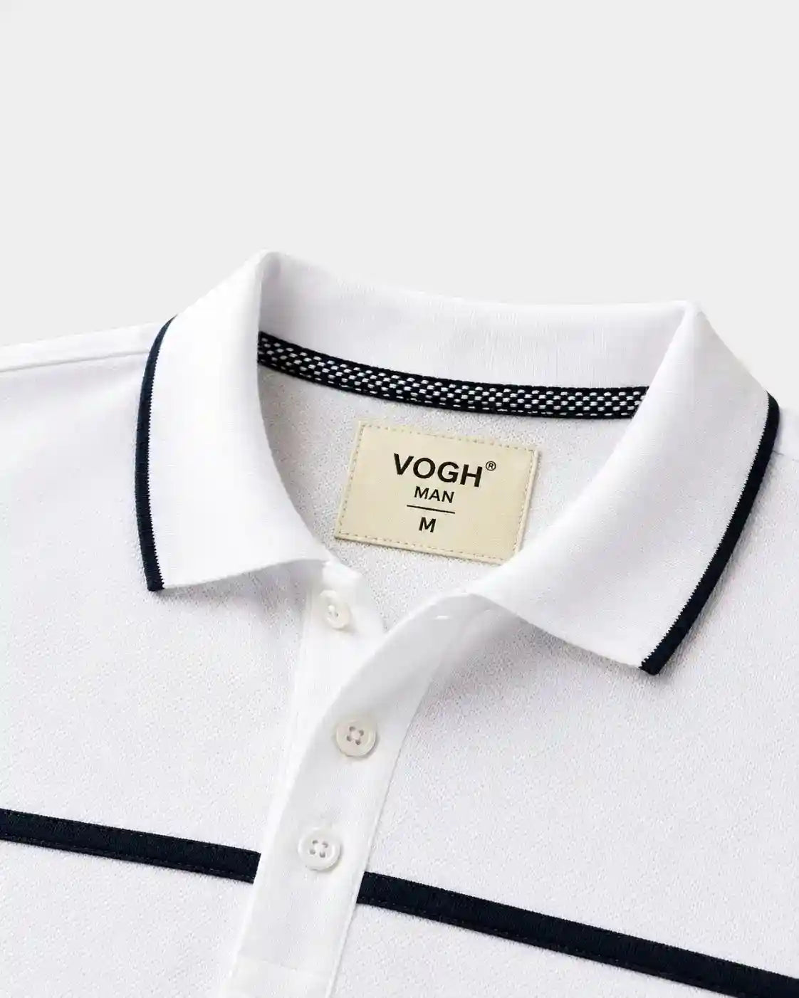 vogh white polo shirt collar with black piping trim