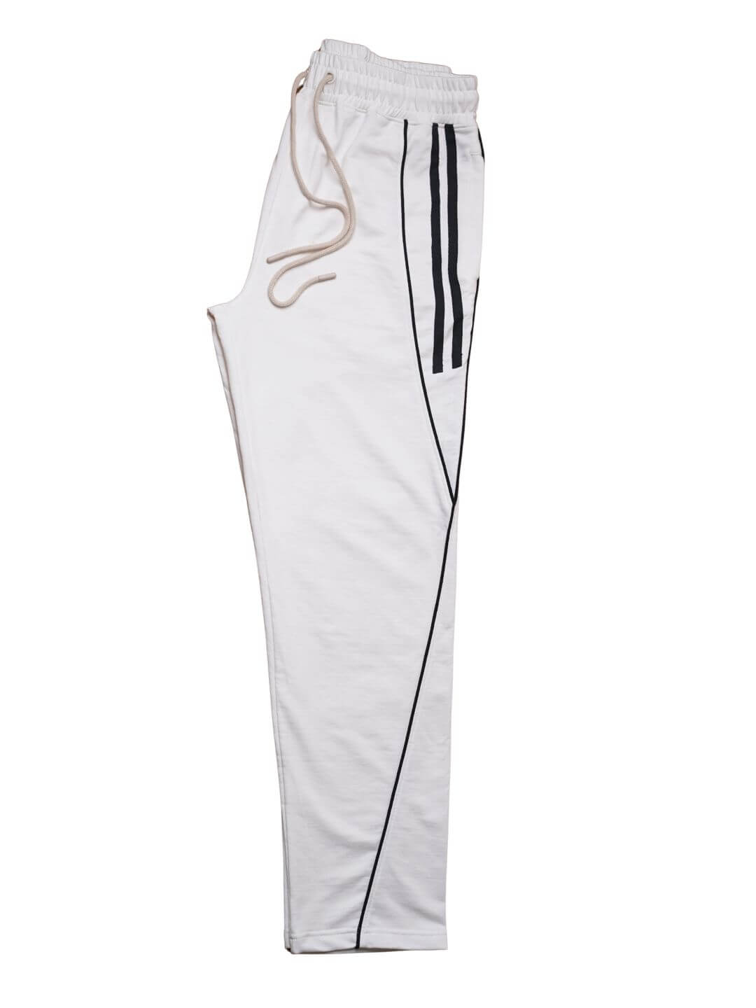 White track pants with black stripes